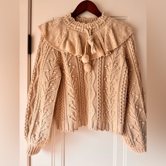 $465 LoveShackFancy Avenue Pullover Sweater Cable Knit Pom Pom Sand Castle S - Picture 5 of 7